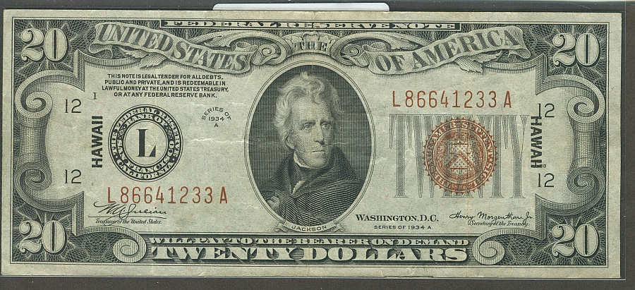 Fr.2305, 1934A $20 Hawaii Federal Reserve Note,  VF/XF